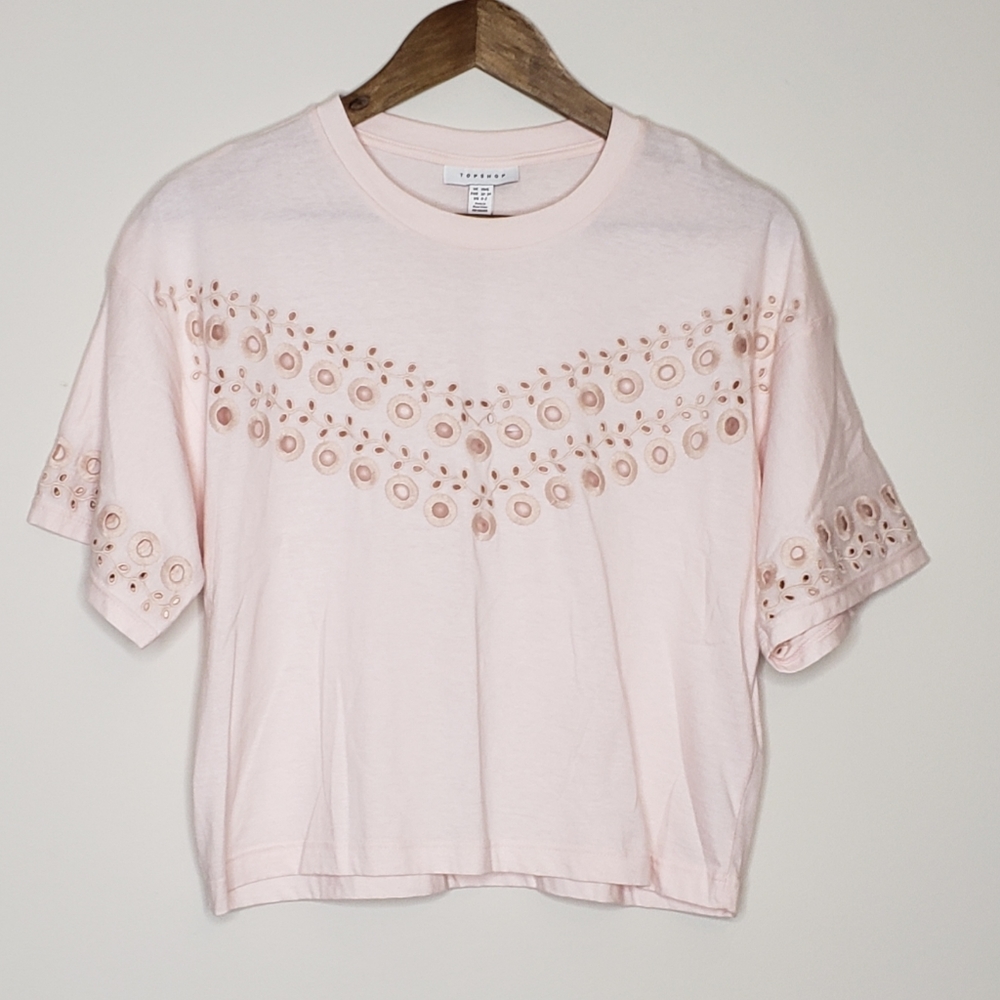 Topshop boxy Crop Style top light pink Broderie Anglaise size XS